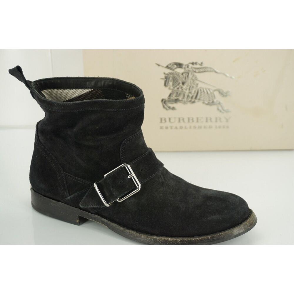 Burberry Black Suede Motor Biker Short Ankle Boots Size 35 House Check - Picture 2 of 11